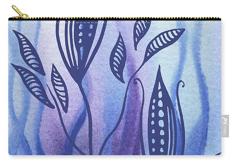 Floral Pattern Carry-all Pouch featuring the painting Elegant Pattern With Leaves In Blue And Purple Watercolor II by Irina Sztukowski