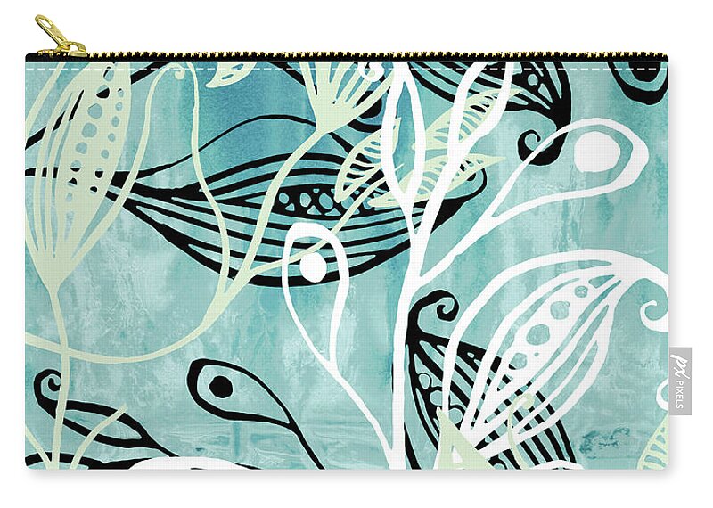 Pods Zip Pouch featuring the painting Elegant Pods And Seeds Pattern With Leaves Teal Blue Watercolor IV by Irina Sztukowski