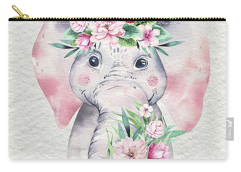 Elephant Carry-all Pouch featuring the painting Elephant With Flowers by Nursery Art
