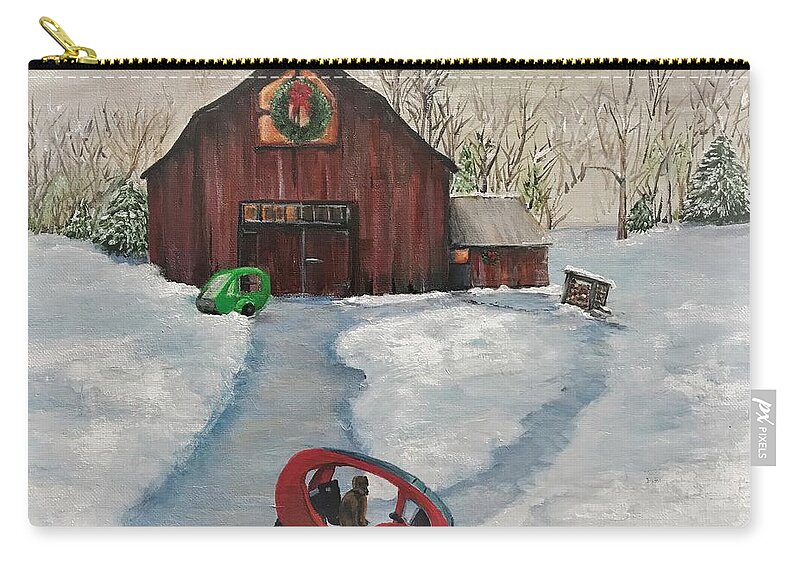Snow Scene Zip Pouch featuring the painting ELF Holiday Scene 2021 by Deborah Naves