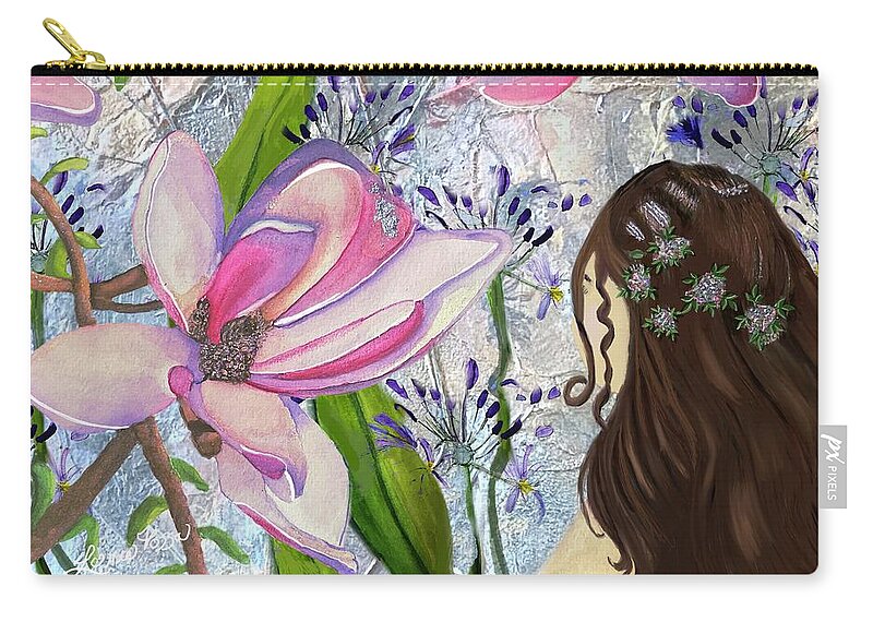 Girl Whimsical Floral Colorful Abstract Carry-all Pouch featuring the mixed media Elle by Lorie Fossa