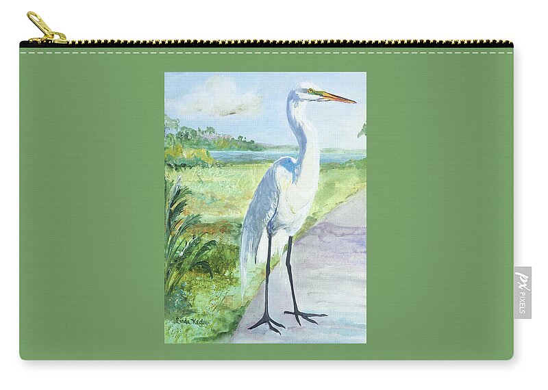 Great White Egret Zip Pouch featuring the painting Elmo's Morning Visit by Linda Kegley