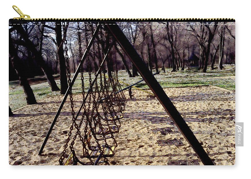 Swings Zip Pouch featuring the mixed media Empty Swings in the Park by Kae Cheatham