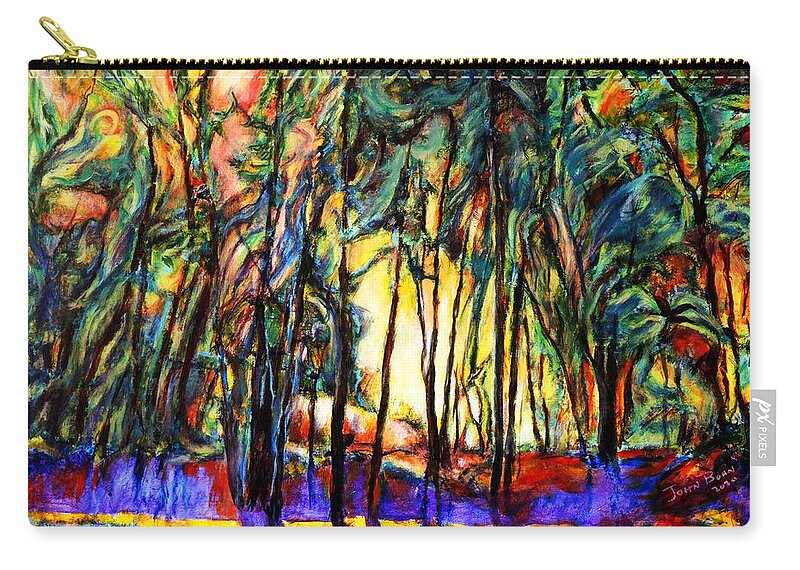 Acrylic Painting Enchanted Forest Sunset Scene Abstract Landscape Zip Pouch featuring the painting Enchanted Forest by John Bohn