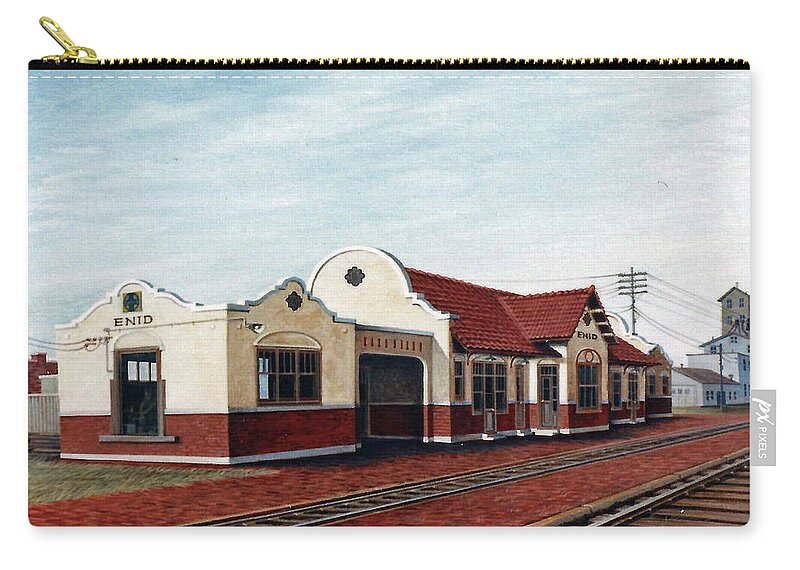 Architectural Landscape Zip Pouch featuring the painting Enid Oklahoma Depot by George Lightfoot