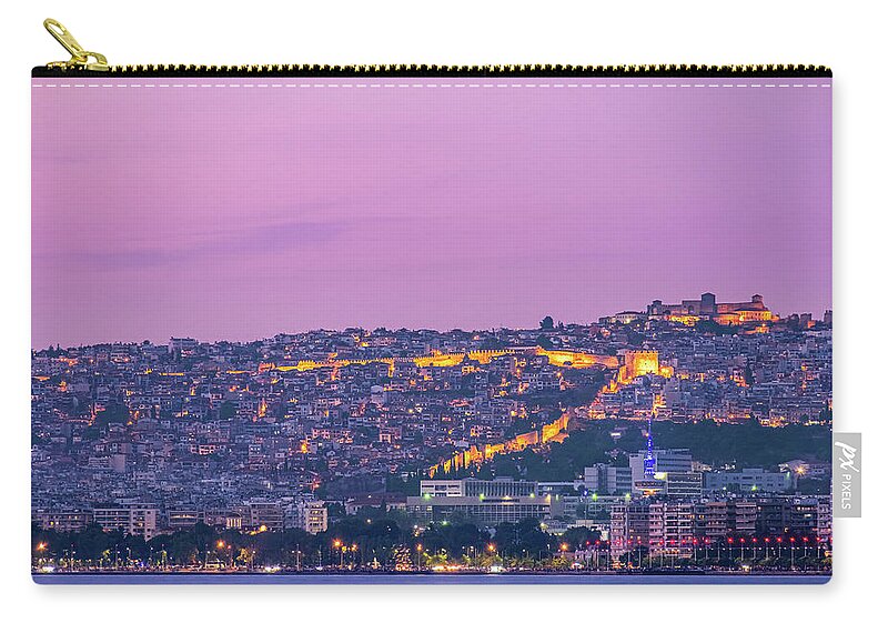 Heptapyrgio Carry-all Pouch featuring the photograph Eptapyrgio and Thessaloniki castle night view by Alexios Ntounas