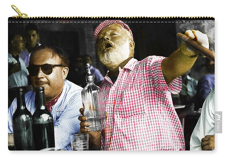 Ernest Hemingway Zip Pouch featuring the mixed media Ernest Hemingway, enjoying a drink or two, Havana Club, Punch cigar by Thomas Pollart