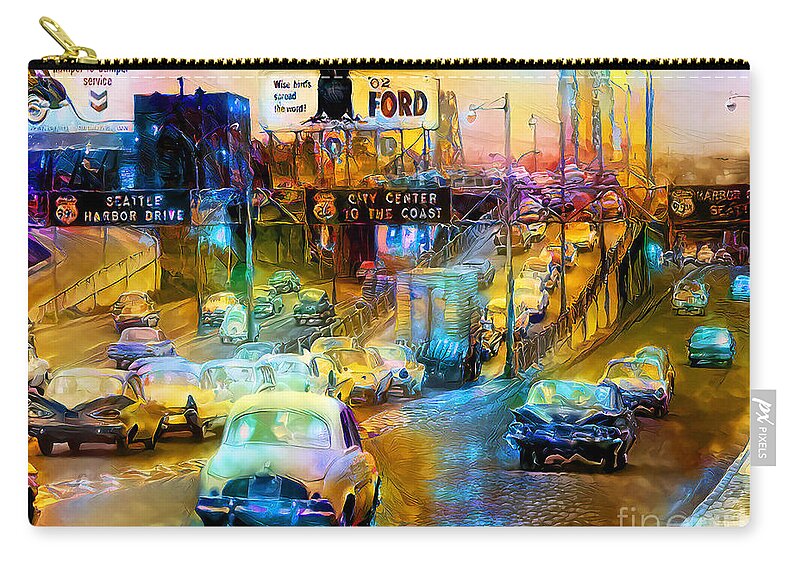 Wingsdomain Zip Pouch featuring the photograph Evening Commute Along Harbor Drive Portland Oregon In The Vintage Fifties 20201125 v2 by Wingsdomain Art and Photography