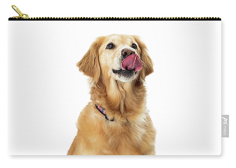 Dog Zip Pouch featuring the photograph Excited Hungry Golden Retriever Dog Closeup by Good Focused