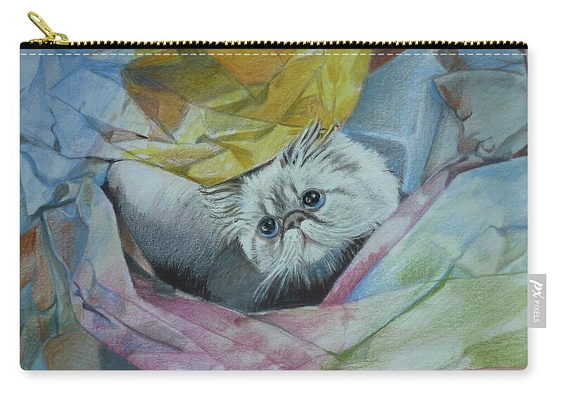 Cat Zip Pouch featuring the mixed media Extending a Helpful Paw Opening Packages by Constance DRESCHER