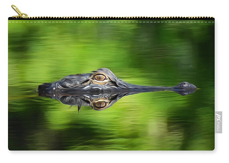 Alligator Gator Reflection Eye Scales Snout Ripple Water River Okefenokee Swamp Swim Glide Zip Pouch featuring the digital art Eye on you by Ed Stokes