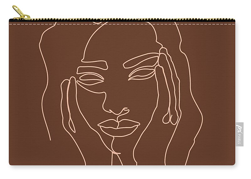 Portrait Carry-all Pouch featuring the mixed media Face 05 - Abstract Minimal Line Art Portrait of a Girl - Single Stroke Portrait - Terracotta, Brown by Studio Grafiikka