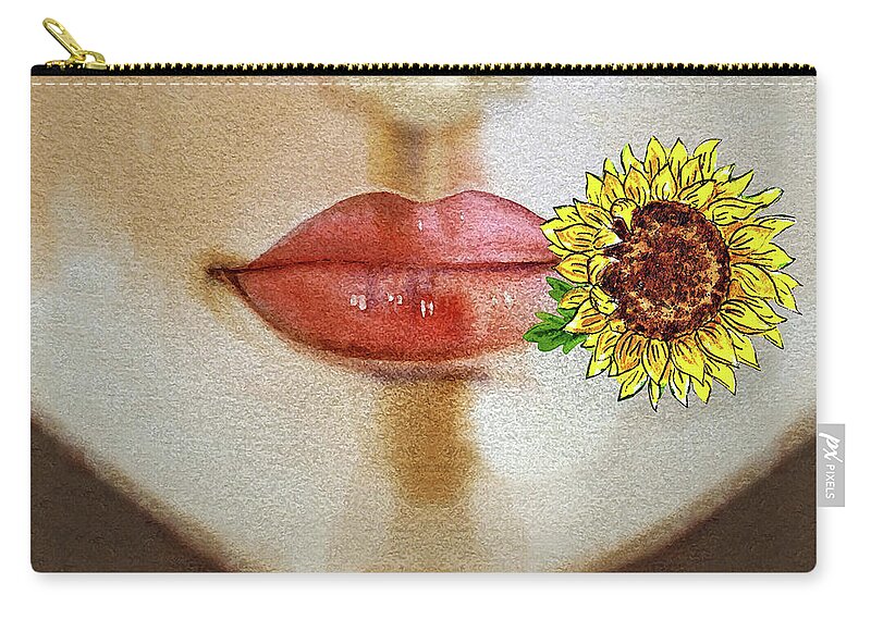 Face Mask Zip Pouch featuring the painting Face With Lips Nose And Sunflower Flower Watercolor by Irina Sztukowski