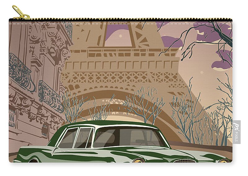 Art Deco Carry-all Pouch featuring the digital art Facel Vega - Paris est a nous. Classic Car Art Deco Style Poster Print Green Edition by Moospeed Art