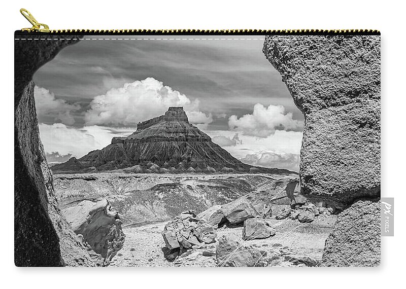 Factory Butte Zip Pouch featuring the photograph Factory Butte in black and white by Henk Meijer Photography