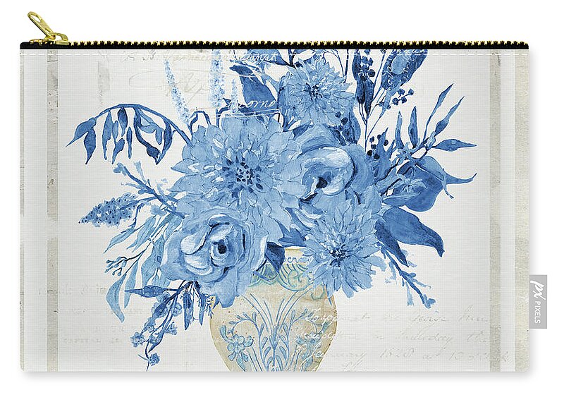 French Zip Pouch featuring the painting Faded Glory Chinoiserie - Floral Still Life 1 Blue, Taupe and Cream by Audrey Jeanne Roberts