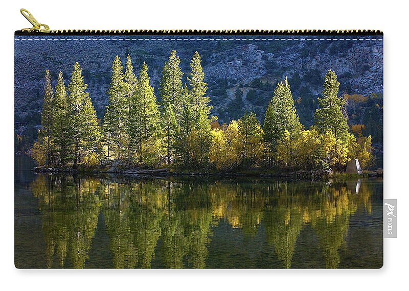 Dawn Zip Pouch featuring the photograph Dawn - Fall Aspen Reflections - Silver Lake - June Lake Loop - Eastern Sierra by Bonnie Colgan