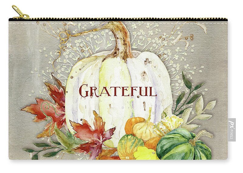 Watercolor Zip Pouch featuring the painting Fall Autumn Grateful Harvest White Pumpkin and Leaves by Audrey Jeanne Roberts