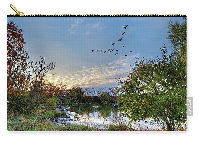Geese Pond Autumn Fall Trees Color Horizontal Landscape Scenic Blue Green Goose Hunting Sunset Zip Pouch featuring the photograph Fall Flight by Peter Herman