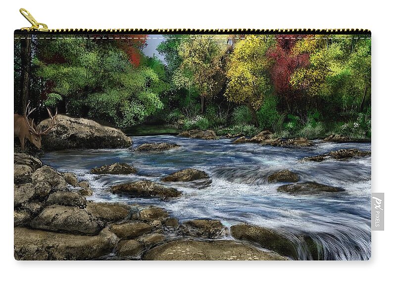 Stream Carry-all Pouch featuring the digital art Fall River Landscape with Deer by Ron Grafe