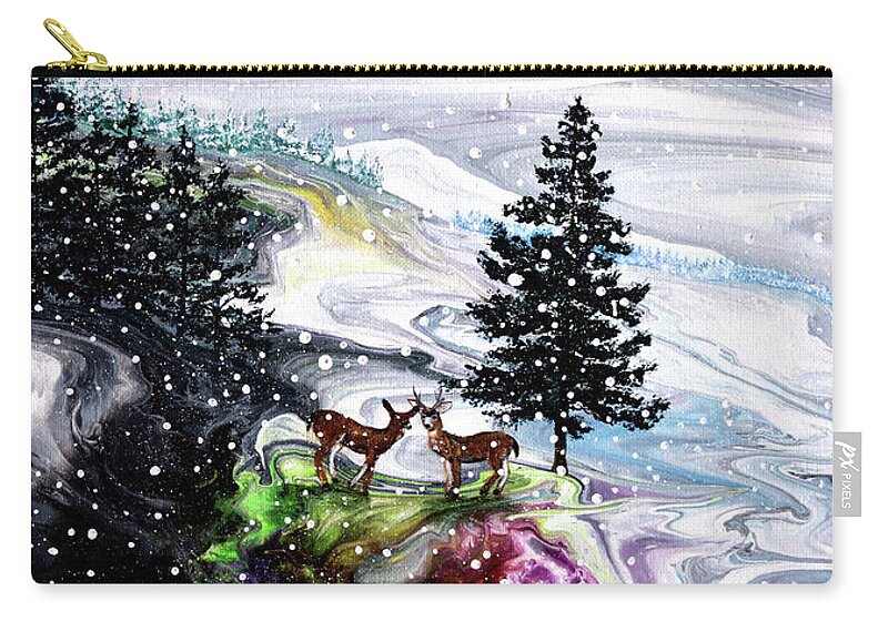 Pine Tree Zip Pouch featuring the painting Falling Snow on the Mountains by Laura Iverson