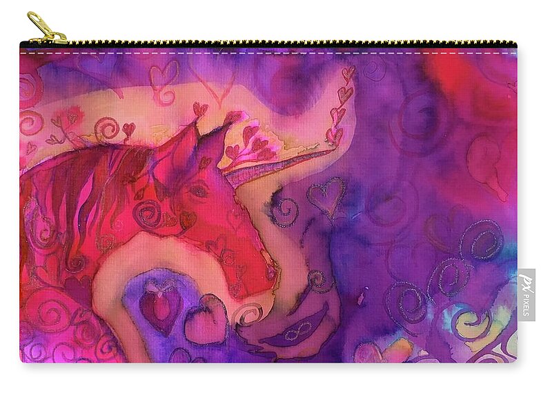 Unicorn Carry-all Pouch featuring the painting Fanciful Love Unicorn by Sandy Rakowitz