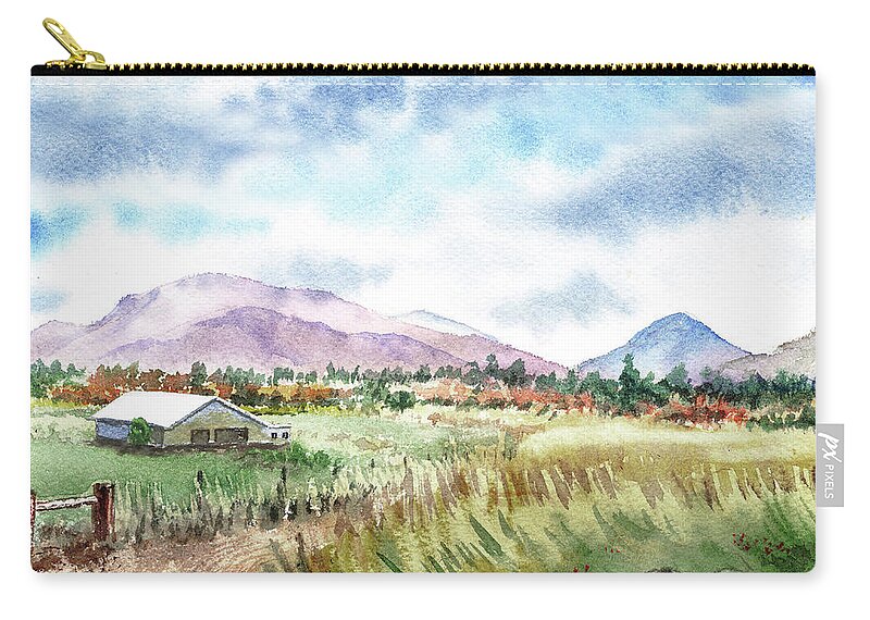 Barn Zip Pouch featuring the painting Farm Barn Mountains Road In The Field Watercolor Impressionism by Irina Sztukowski
