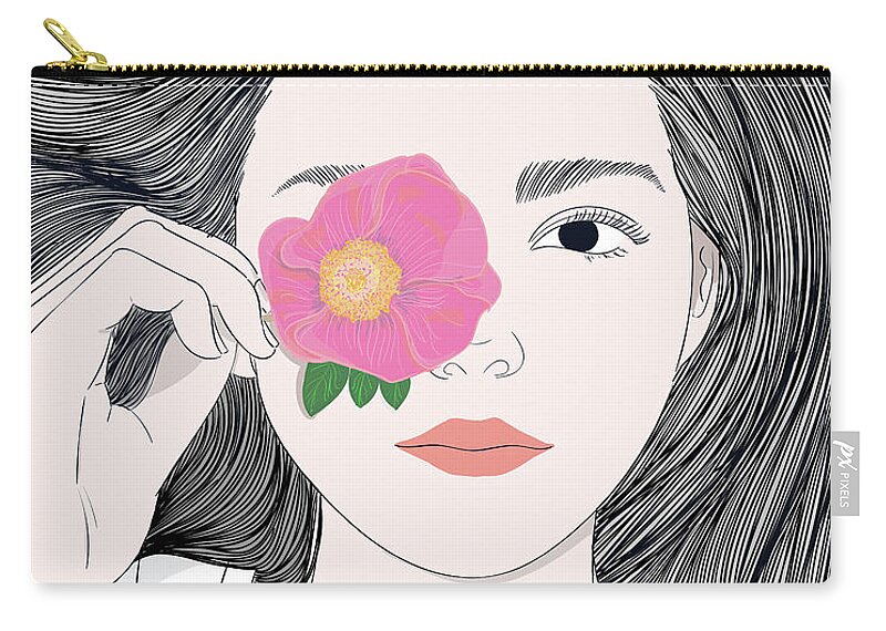 Graphic Zip Pouch featuring the digital art Fashion Girl With Long Hair And A Flower - Line Art Graphic Illustration Artwork by Sambel Pedes
