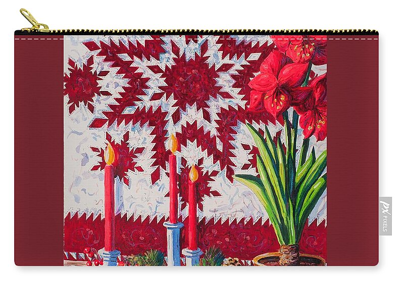 Feathered Star Quilt And Amaryllis Flower Carry-all Pouch featuring the painting Feathered Star Quilt by Diane Phalen