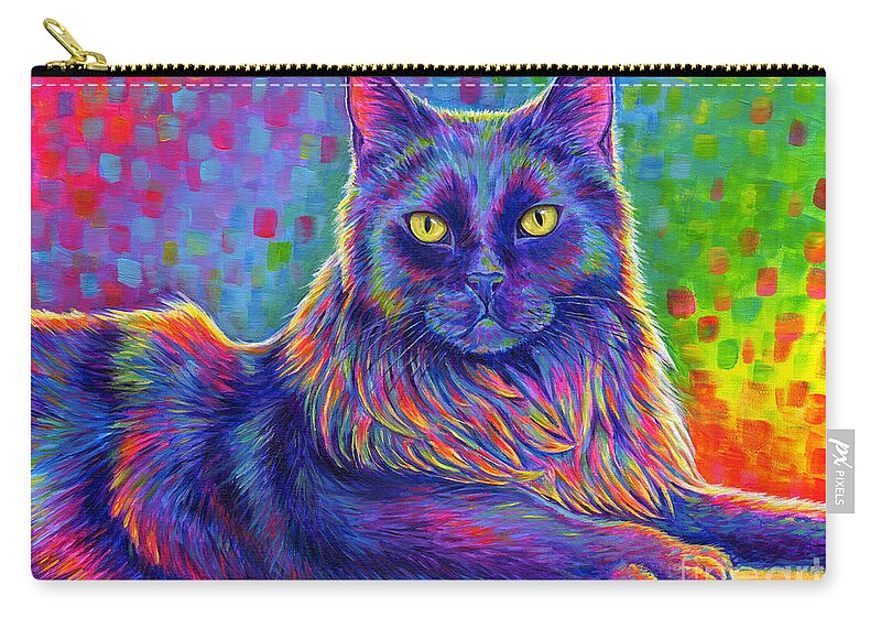 Cat Zip Pouch featuring the painting Psychedelic Rainbow Black Cat - Felix by Rebecca Wang