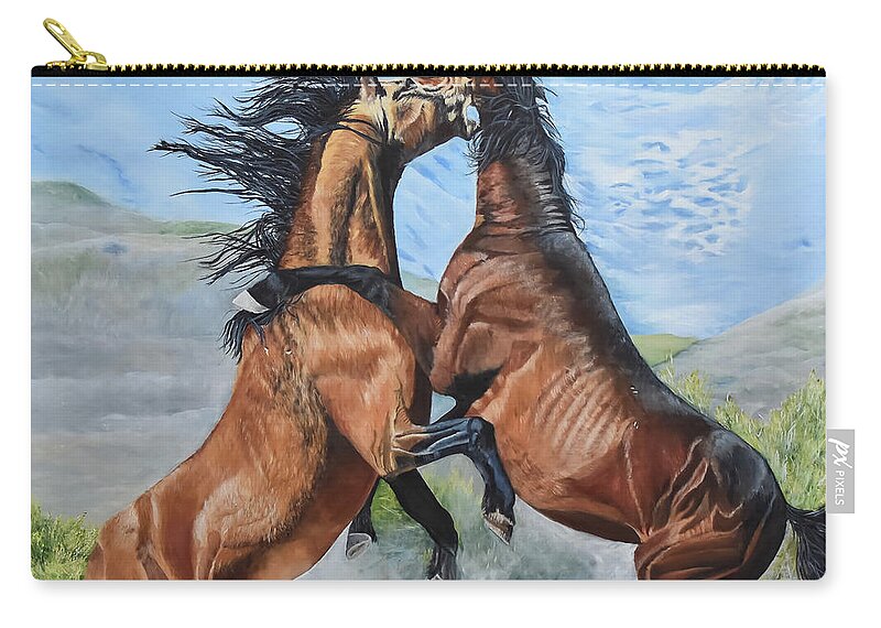 Stallion Zip Pouch featuring the painting Fight For Leadership by Marilyn McNish
