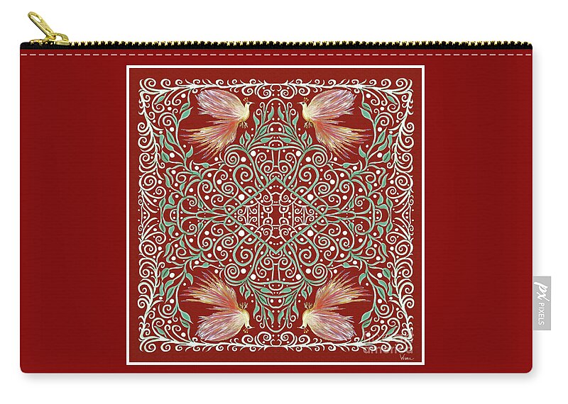 Firebirds Zip Pouch featuring the mixed media Firebirds on Dark Red Oriental Carpet Looking Background by Lise Winne