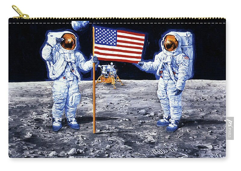 Paul And Chris Calle Zip Pouch featuring the painting First Men On The Moon by Paul and Chris Calle