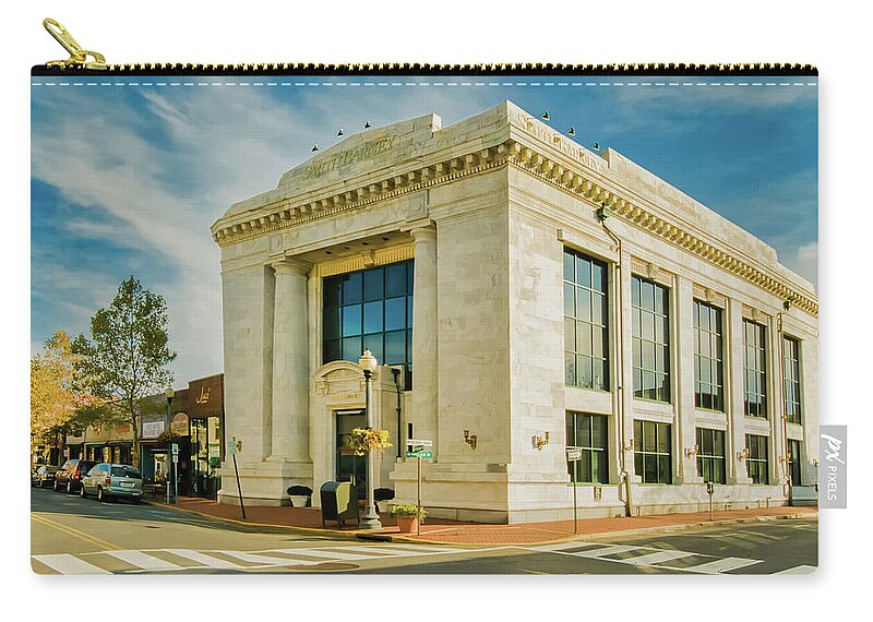 Red Bank Zip Pouch featuring the photograph First National Bank Building In Red Bank by Gary Slawsky