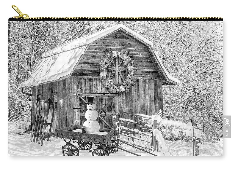 White Zip Pouch featuring the photograph First Snowman of the Season Black and White by Debra and Dave Vanderlaan