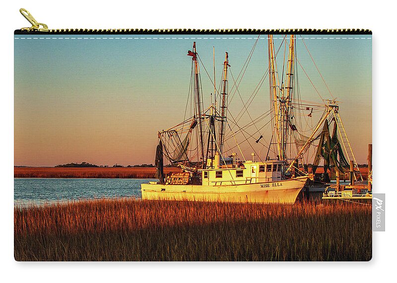 Boat Zip Pouch featuring the photograph Fishing Boat at Sunrise by Louis Dallara