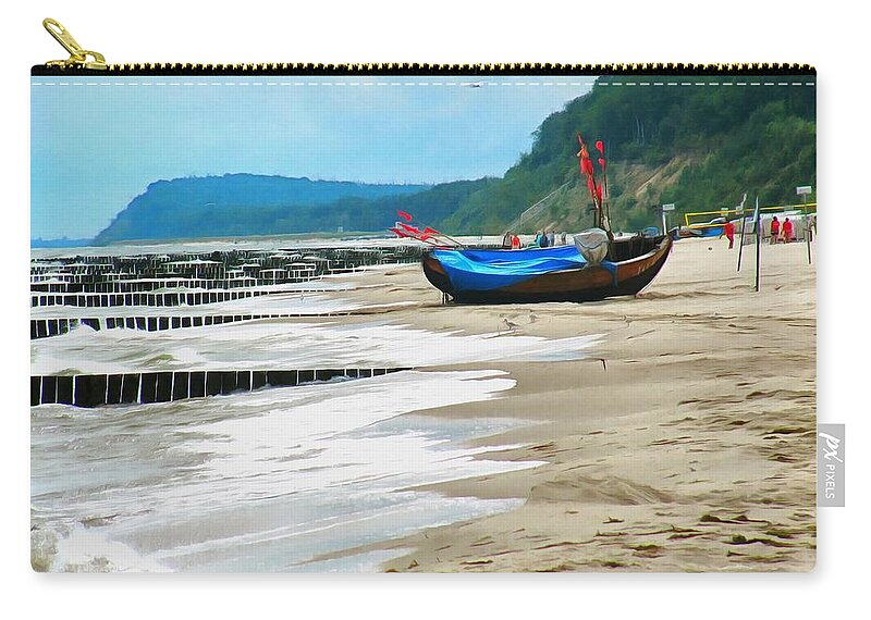 Germany Zip Pouch featuring the digital art Fishing boat with wave breakers by Ralph Kaehne