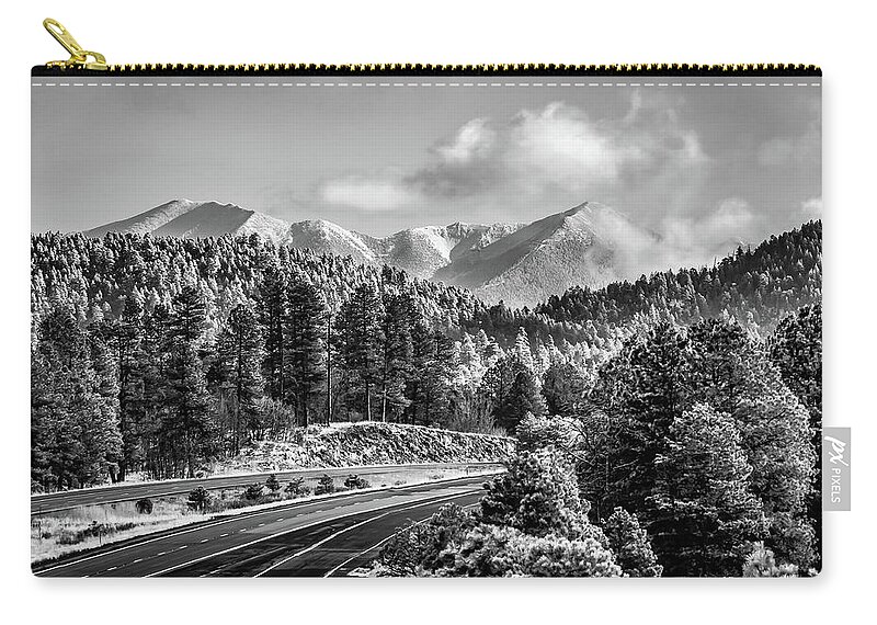 Flagstaff Arizona Zip Pouch featuring the photograph Flagstaff Arizona Frosty Mountain Landscape - Black and White by Gregory Ballos