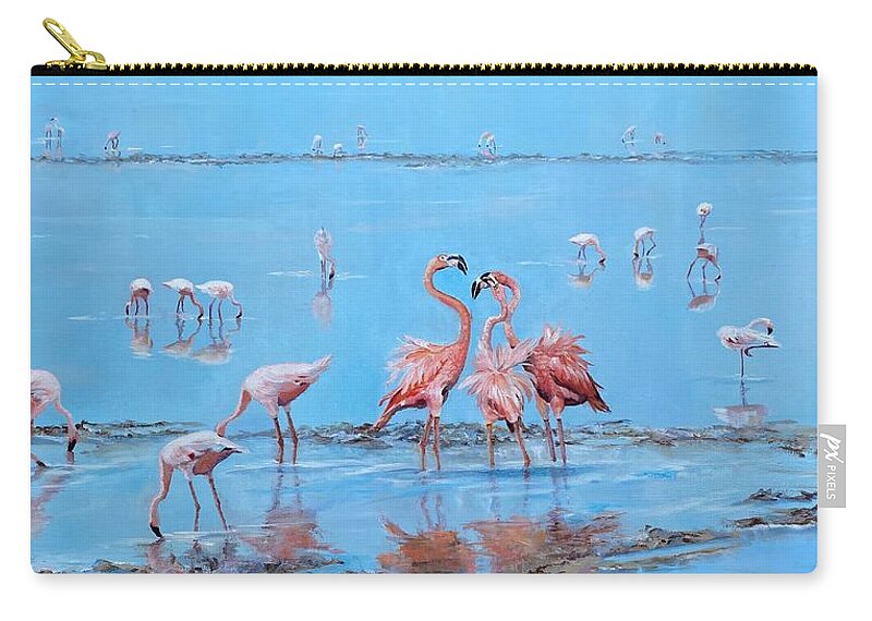 Flamingos Zip Pouch featuring the painting Flamingo Sushi Bar by Judy Rixom
