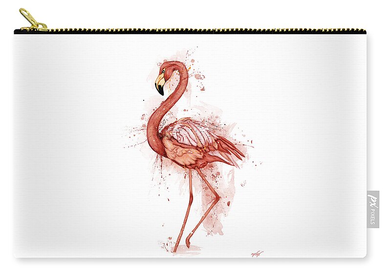 Flamingo Zip Pouch featuring the painting Flamingo watercolor on white background, Flamingo by Nadia CHEVREL