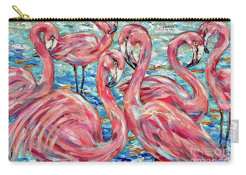 Island Zip Pouch featuring the painting Flamingoes and Goldfish by Linda Olsen