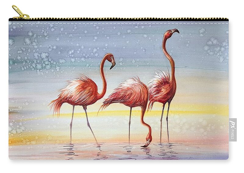Flamingoes Zip Pouch featuring the painting Flamingos 4 by Katerina Kovatcheva