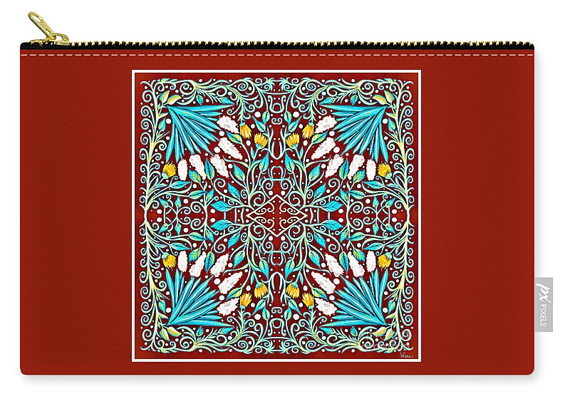 Turquoise Leaves Carry-all Pouch featuring the mixed media Floral Design in Turquoise, Yellow and Red by Lise Winne