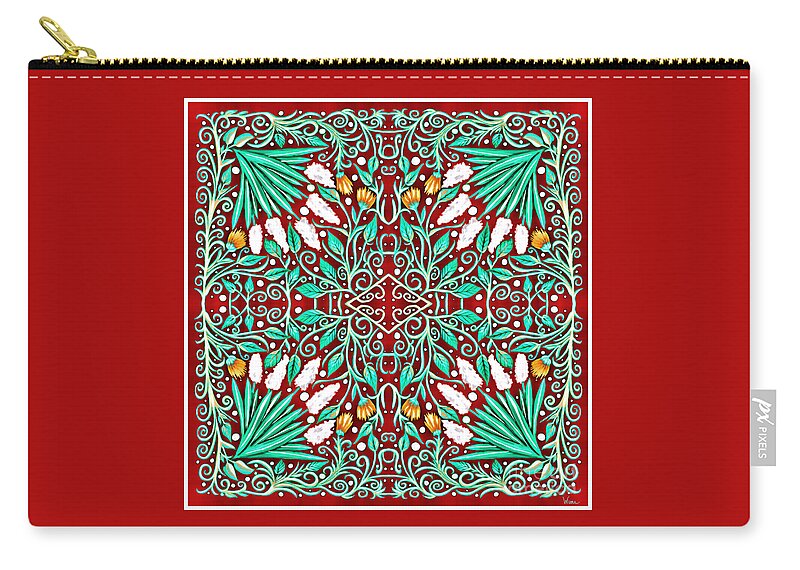 Red Zip Pouch featuring the mixed media Floral Design with Emerald Green Leaves and Vines with White and Orange Flowers by Lise Winne