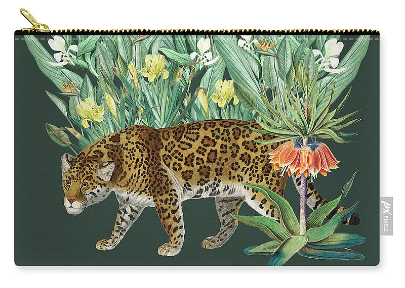 Painting Zip Pouch featuring the mixed media Floral Tiger Jungle Green by Maria Heyens