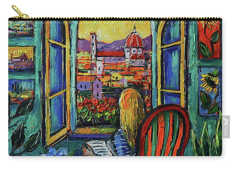 Florence Window Zip Pouch featuring the painting FLORENCE WINDOW oil painting Mona Edulesco by Mona Edulesco