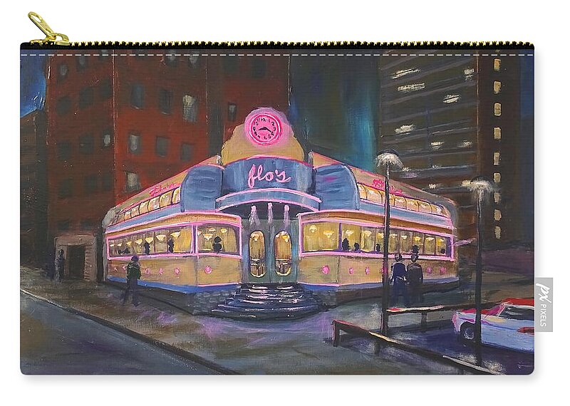 Flos Zip Pouch featuring the painting Flo's Diner Yorkville by Brent Arlitt