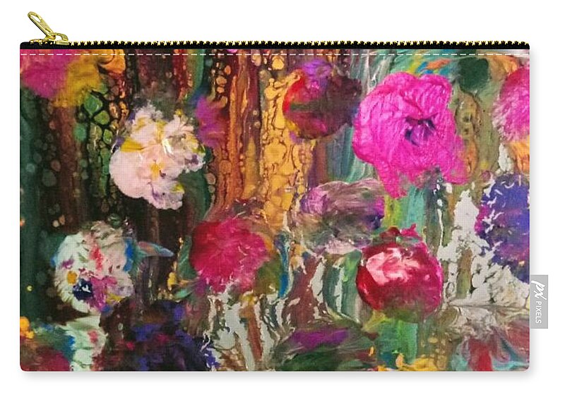 Flowers Fusion Pink Carry-all Pouch featuring the painting Flower Fusion by Anna Adams