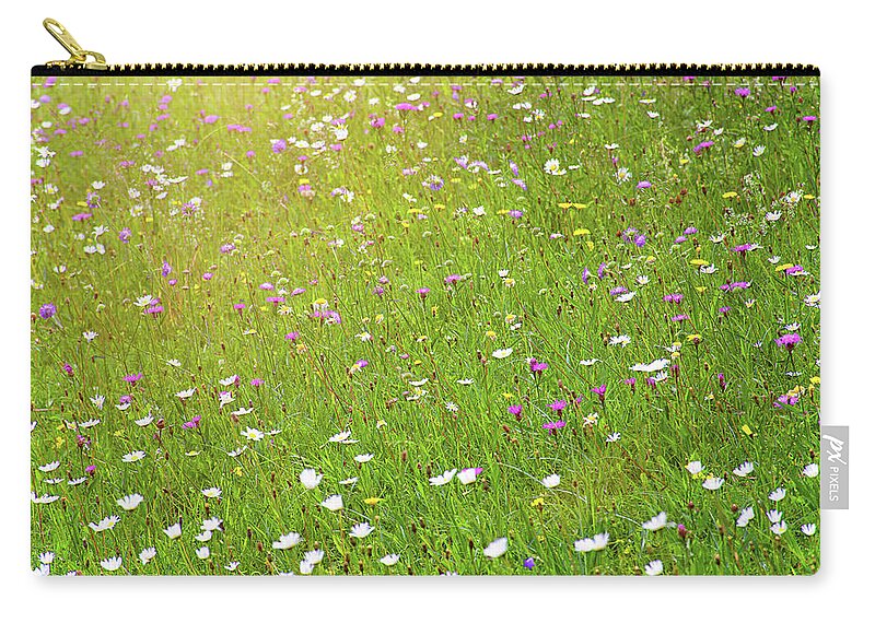 Idyllic Zip Pouch featuring the photograph Flower meadow in sunlight by Bernhard Schaffer