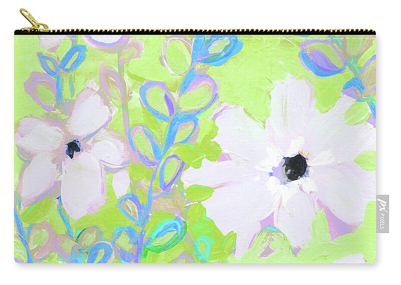 Flowers And Foliage Zip Pouch featuring the painting Flowers and Foliage, Abstract Flowers, White and Lime Green by Patricia Awapara